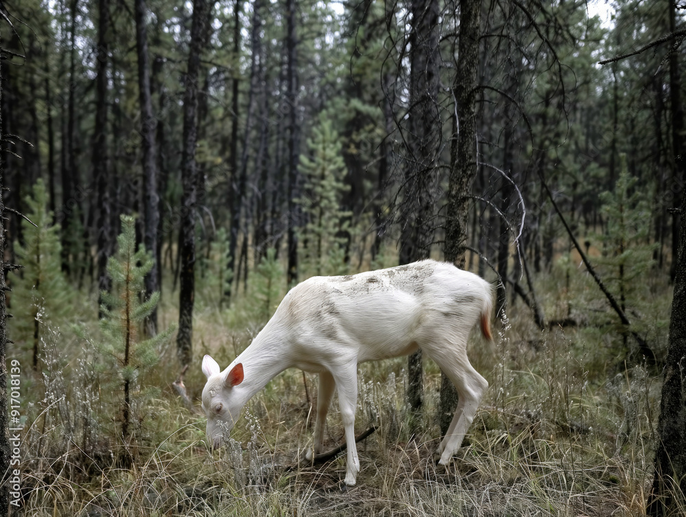 Wall mural a white deer is grazing in a forest. scene is peaceful and serene, as the deer is surrounded by tree