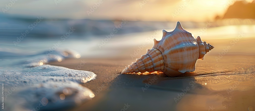 Poster Selective focus creates a blurred background emphasizing a conch shell on the sandy beach in the center of the copy space image