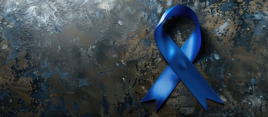 Bird s eye view of a blue awareness ribbon against a dark backdrop Ample copy space for text in the image