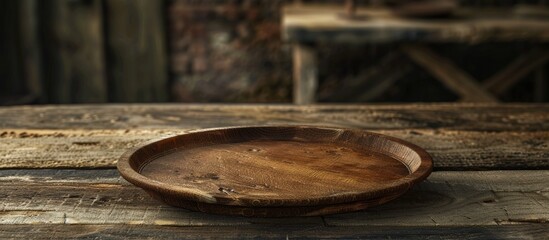 Old wooden plate on the table with copy space image