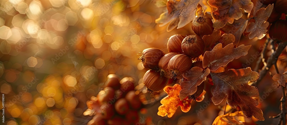 Poster Autumn setting with a closeup of oak fruits and leaves in a forest backdrop leaving a prominent copy space image