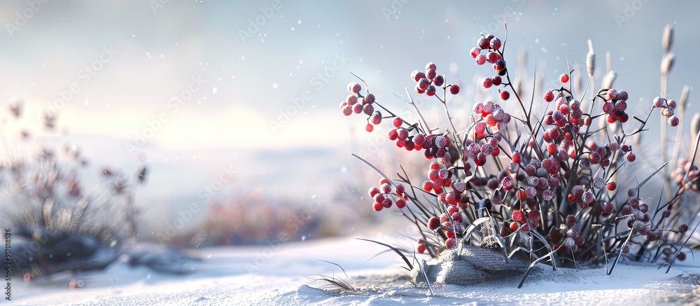 Poster Wild berries thrive in the harsh conditions of the tundra creating a picturesque scene with abundant fruits set against a backdrop of snowy landscapes in a copy space image