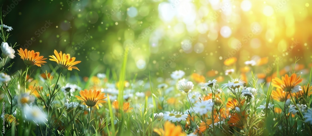 Sticker Calendula and daisies blooming in a vibrant display perfect for a copy space image