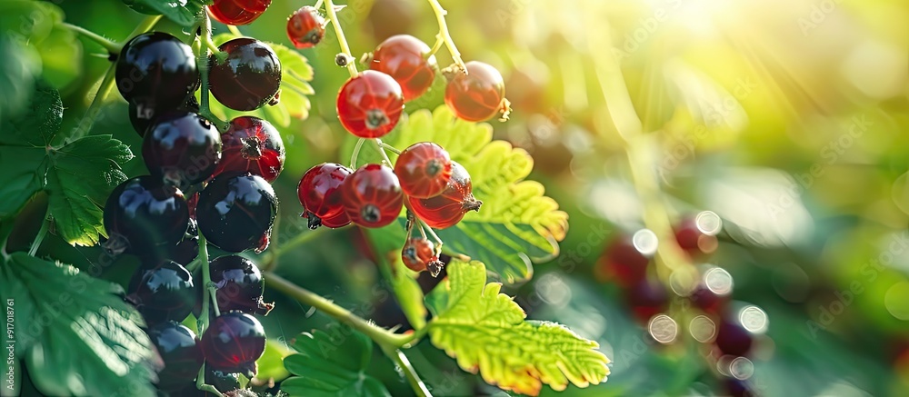 Poster close up of black currant berries ripening in a garden with ample copy space image