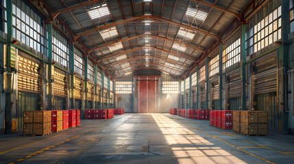 Fototapeta premium Logistic storage stock depo port dock warehouse inside. Business shipping transportation. Graphic Art