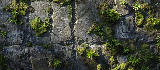 Close up photo of a moss covered cement wall with copy space image