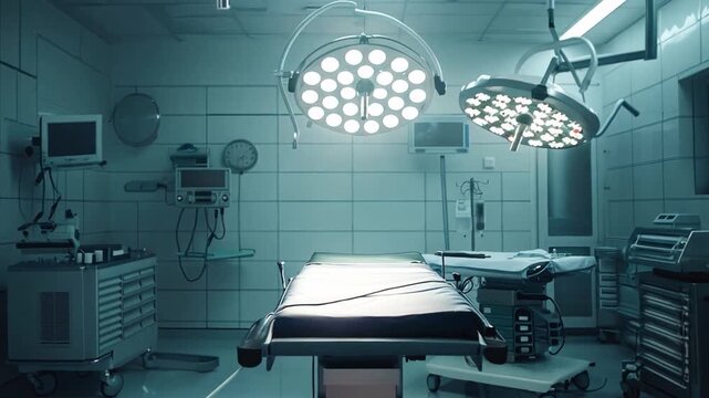 An empty operating room featuring a surgical table, overhead lights, and various medical instruments, ready for the next procedure.