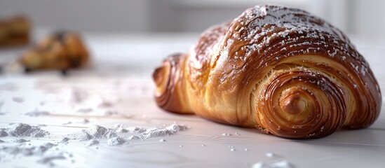 Brighten your recipe article or commercial use with a pan au chocolat pastry displayed on a white table creating an ideal copy space image