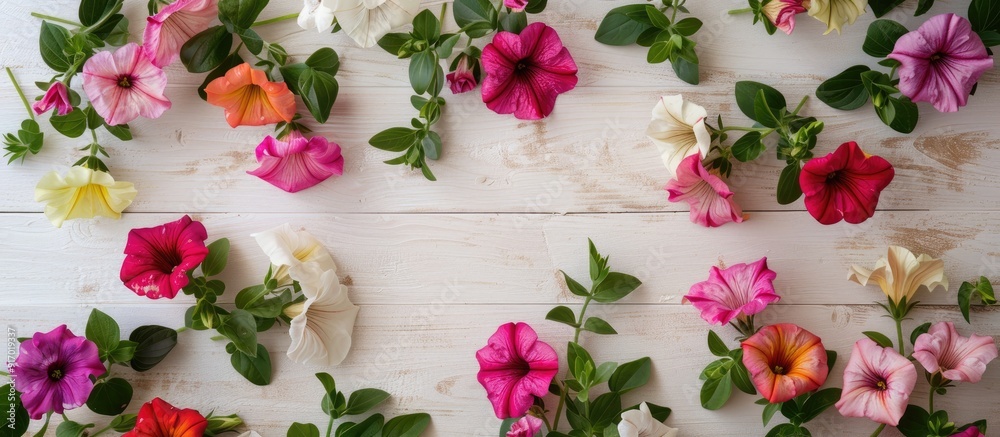 Sticker A floral arrangement featuring vibrant petunias and leaves on a light wooden backdrop perfect for a flat lay composition with a top view allowing for copy space image