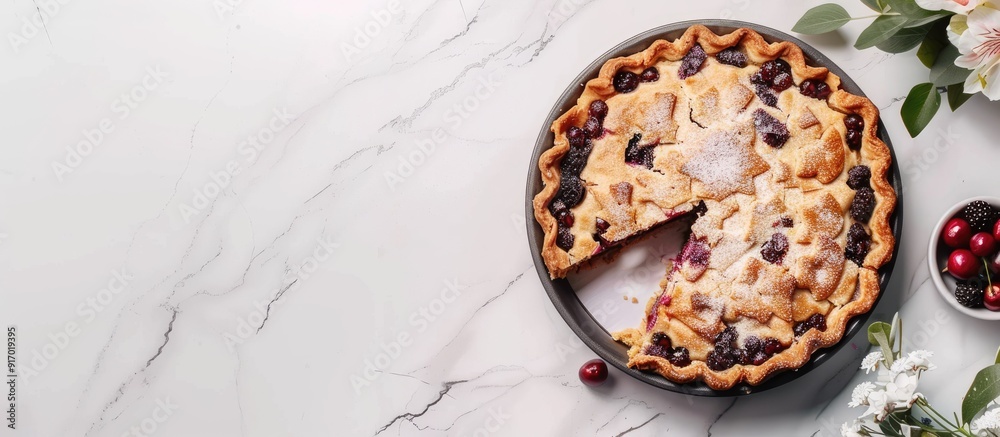 Poster Fruit cake in a pie with a slice missing displayed on a white marble counter with a floral arrangement providing copy space image for text or recipes