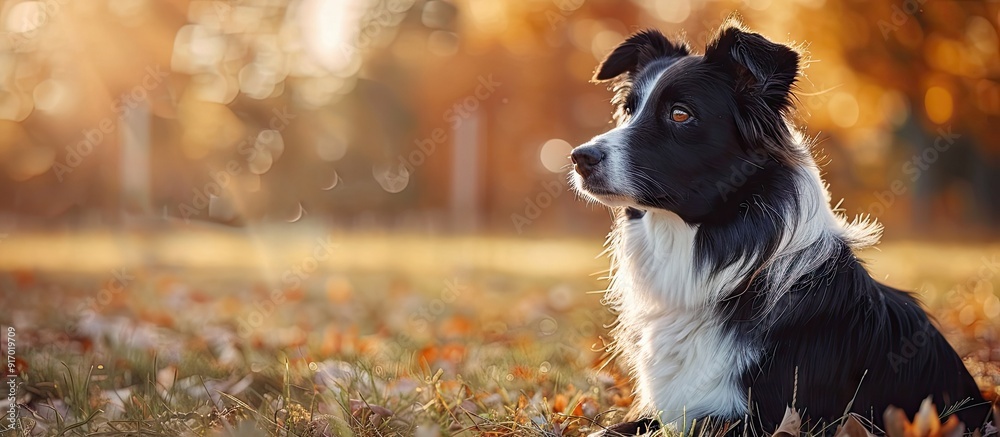 Poster A border collie sitting on the grass with a focused gaze on something in the distance in a serene setting with copy space image available