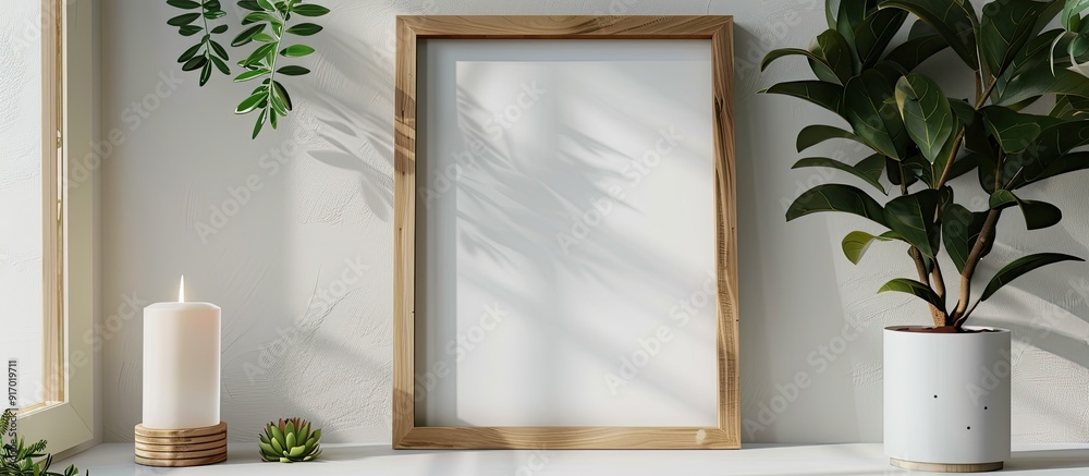 Canvas Prints A vacant wooden frame is placed on a white table beside a potted plant and a candle in a home interior setting creating a mockup copy space image