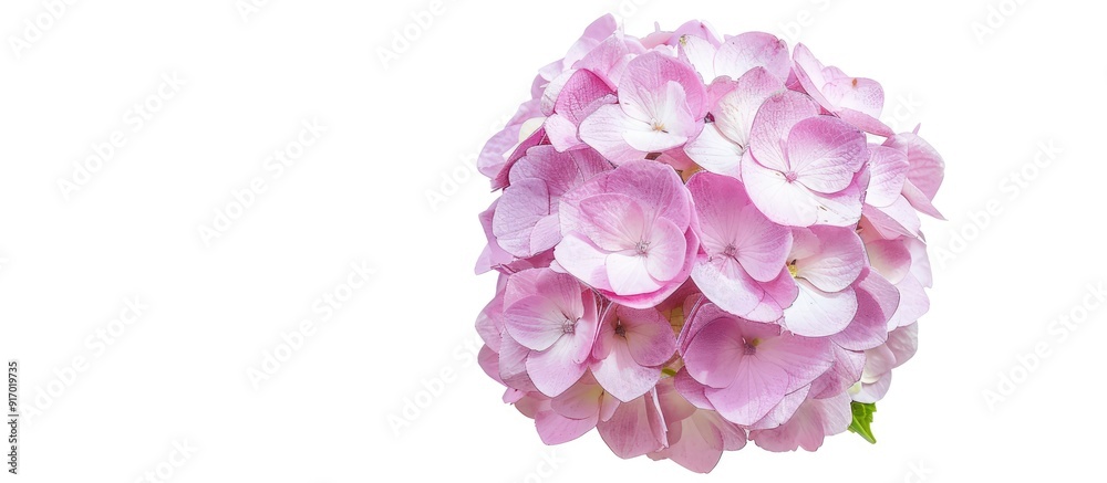 Wall mural white background with a solo pink hydrangea bloom perfect for creative projects with spacious image 