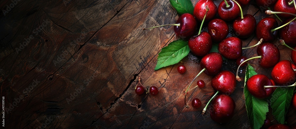 Poster Ripe cherries with leaves on a textured wooden background a sweet organic cherry pile berries fruits vegan and healthy eating concept with a place for text and a copy space image