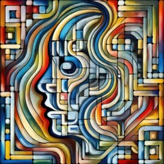 Obraz premium Abstract artwork with hidden human faces in intersecting geometric and organic shapes