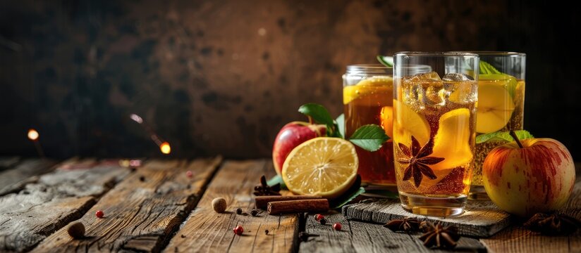 Autumn drinks with a mix of strong alcohol apple cider liqueur and spices displayed on a dark wooden background with ample copy space image