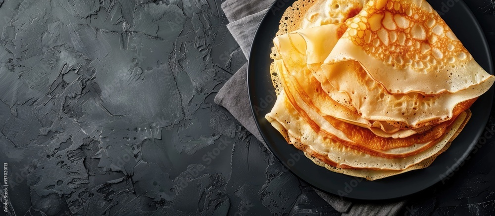Poster tasty thin pancakes served on a sleek slate plate with copy space image