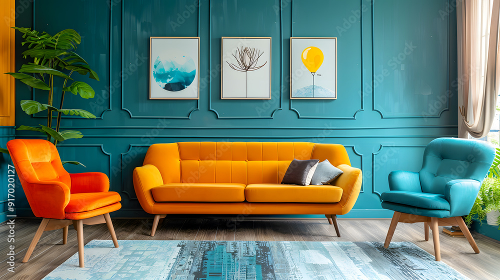 Wall mural lounge chairs and sofa against teal classic paneling wall with art posters midcentury style home int