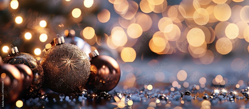 Poster Festive Christmas decorations with a background of sparkling bokeh lights in a copy space image