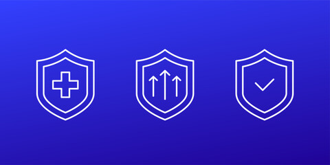 immune system line icons with shields, antibacterial protection and health, linear vector set