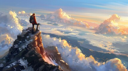 Fototapeta premium A lone hiker reaches the summit, gazing at the vast sea of clouds