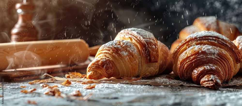 Poster The handmade croissant preparation process featuring raw croissants and a rolling pin on a table with flour ideal for a copy space image
