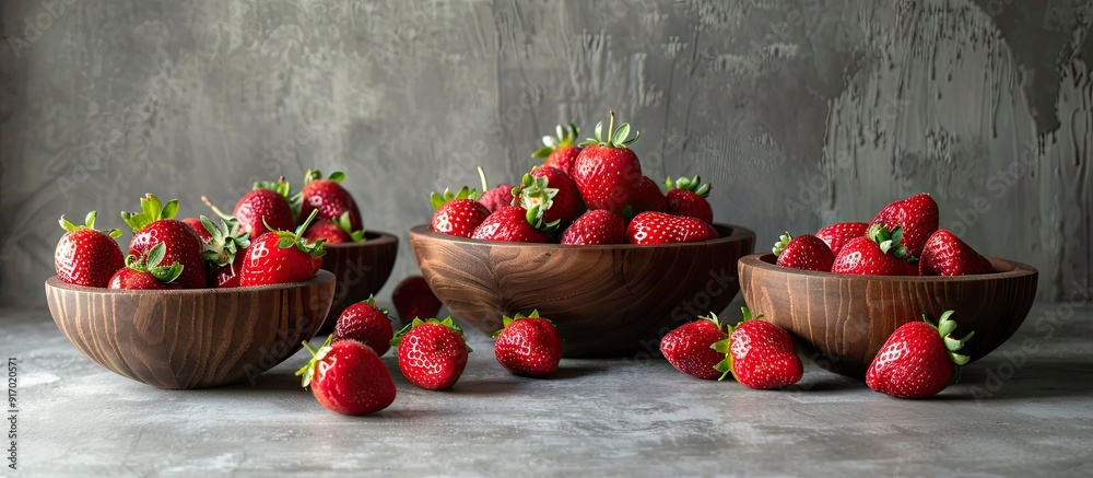 Poster strawberry filled bowls presented on a grey tabletop with ample copy space image provided
