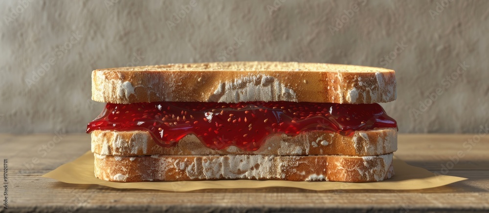 Poster Sandwich with strawberry jam filling. . image with copy space