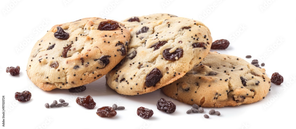 Poster delicious cookies with raisins and poppy seeds on a white background perfect for any design needing 