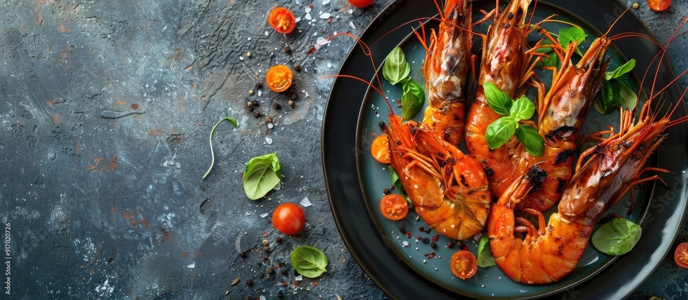 Poster various dishes on a plate including delicious grilled shrimp creating a tempting arrangement with am