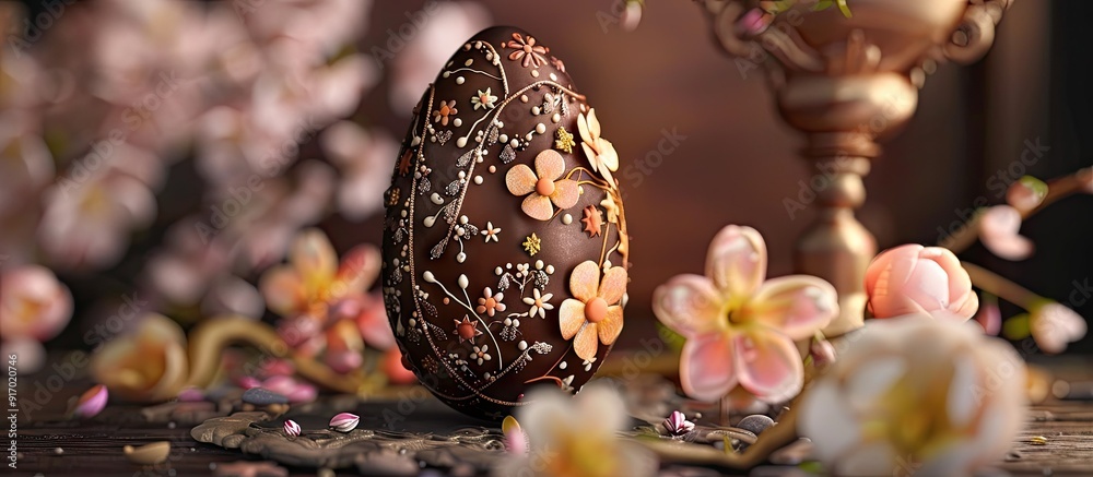 Aufkleber Tempting chocolate Easter egg with a festive touch perfect for the spring season and adorned with intricate decorations ideal for festive occasions ucchocolate image. . image with copy space