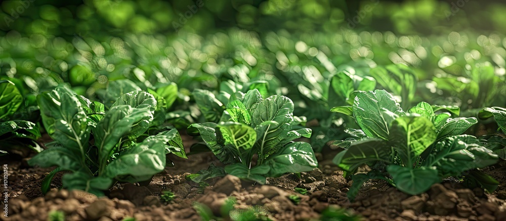 Poster lush spinach field with spinacia oleracea in a vegetable bed providing a picturesque copy space imag