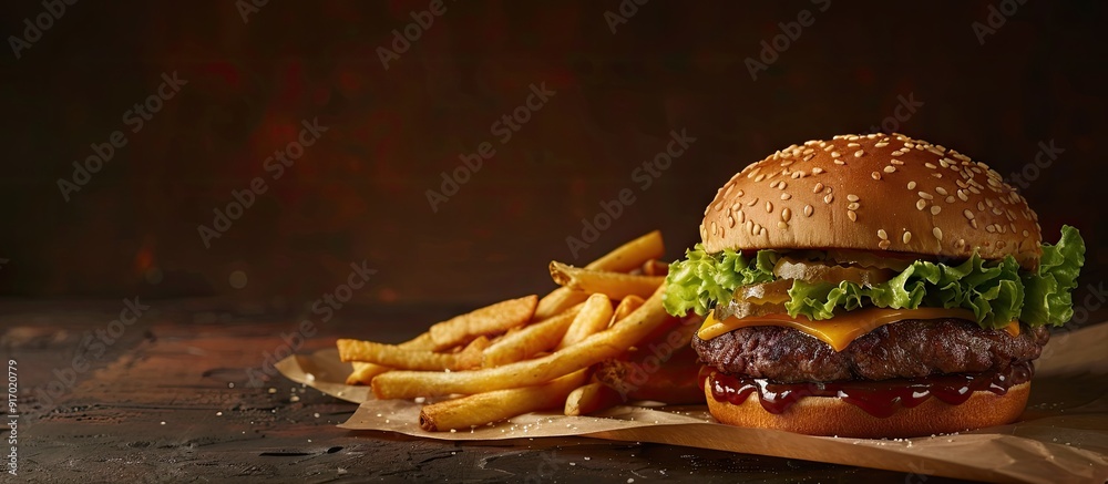 Poster Delicious dark wheat burger with lettuce served with French fries in a fast food setting creating an appetizing copy space image
