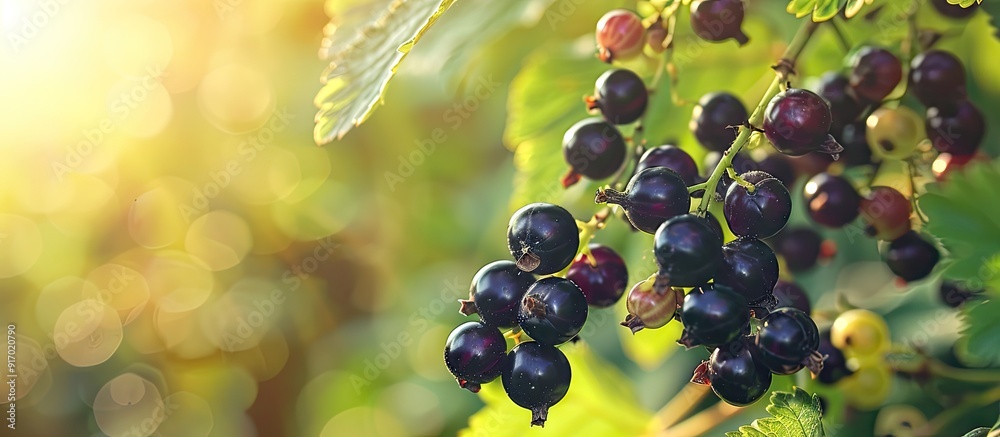 Poster Focus on the black currant berries with a fruited bush in the background set against a blurred background creating a shallow depth of field in the copy space image