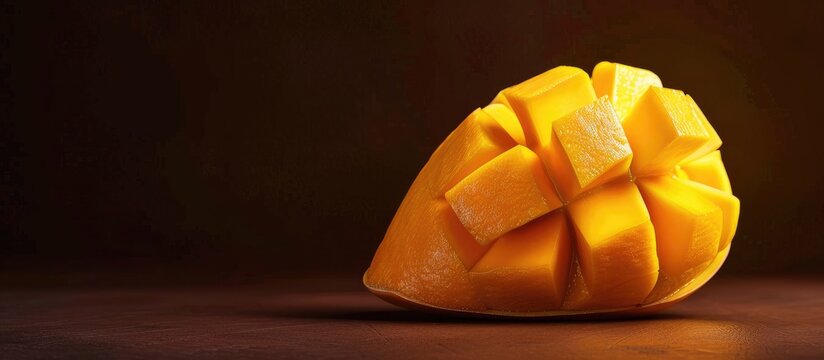 Slice a ripe half of a fresh yellow Banganapalli mango with a copy space image available