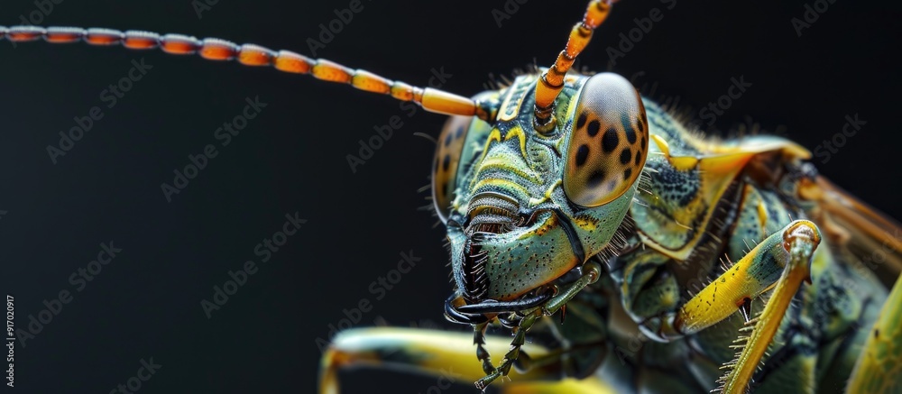 Poster Detailed close up of an insect with a dark backdrop and ample copy space image