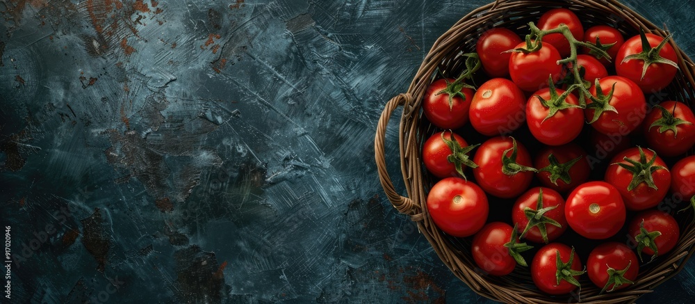 Poster a flat lay of ripe tomatoes in a basket against a natural backdrop with copy space image
