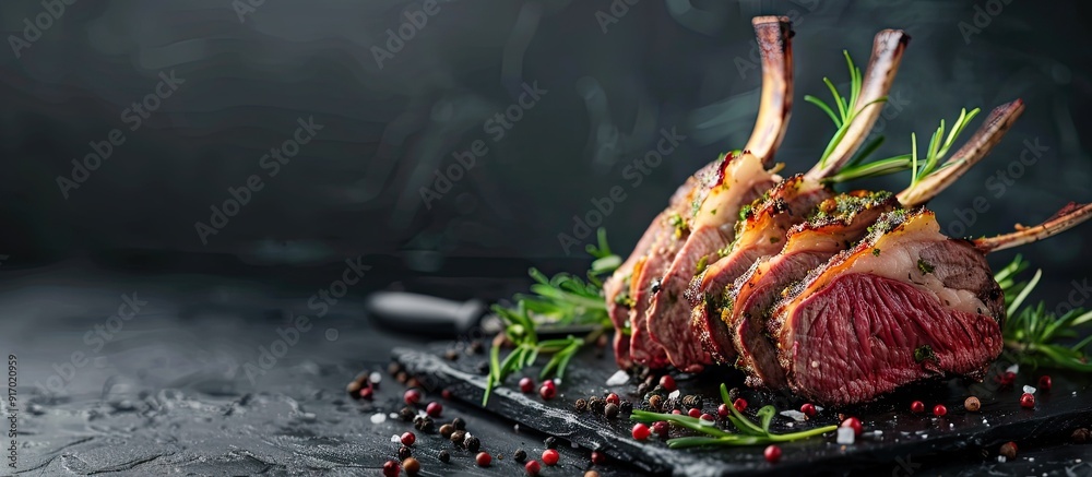 Poster a rack of lamb cooked in fragrant olive oil herbs and spices creating a mouthwatering dish with a be
