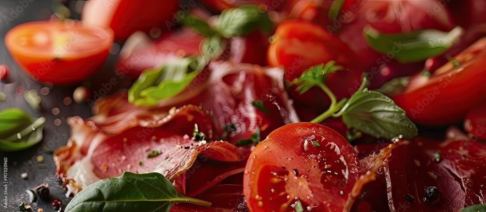 Aufkleber selective focus on italian bresaola and tomato in an appetizer with copy space image