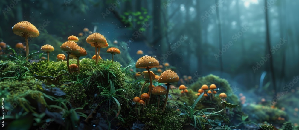 Aufkleber mushrooms growing in the mossy forest with a copy space image