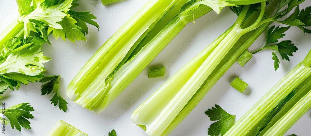 Poster Close up of celery with a white background provides ample copy space image