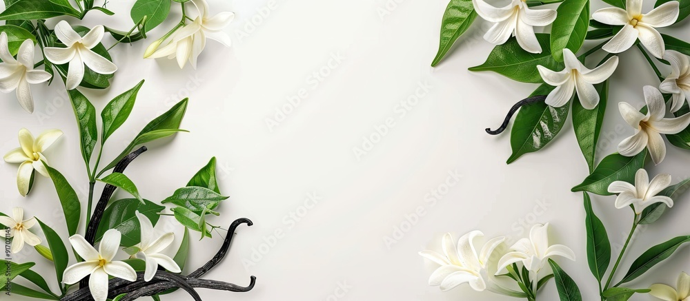 Poster isolated on a white background a serene composition of vanilla pods green foliage and delicate flowe