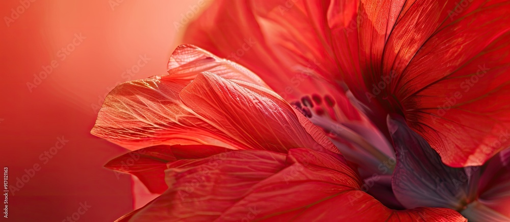 Aufkleber close up view of a flower with vibrant red petals in a copy space image