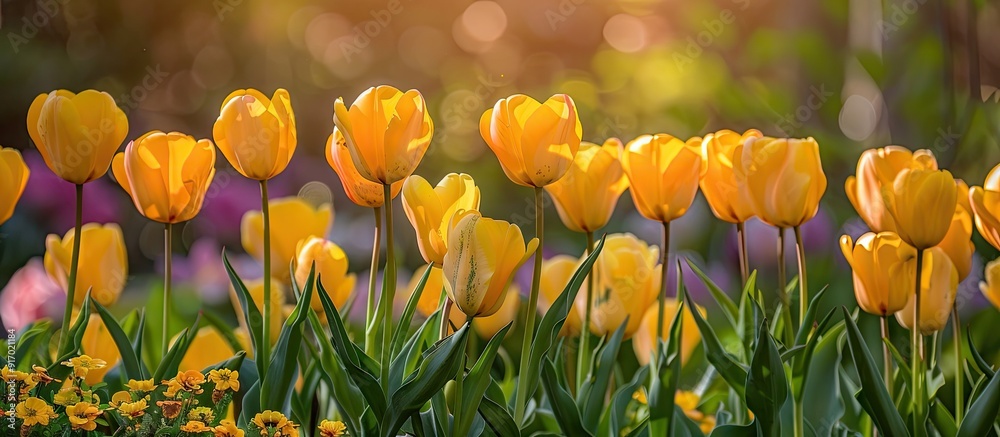 Aufkleber A stunning display of yellow tulips in full bloom during spring creating a beautiful array of tulips in a vivid and colorful copy space image