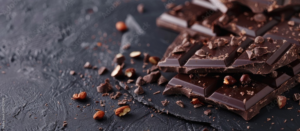 Poster Delicious dark chocolate pieces with nuts on a textured surface with ample copy space image