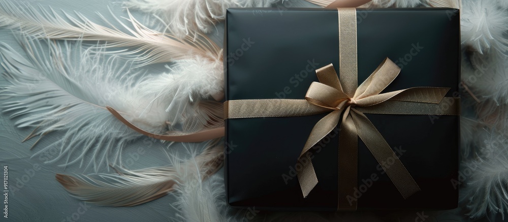 Poster elegant black gift box adorned with a golden ribbon set against a white feathered backdrop perfect f