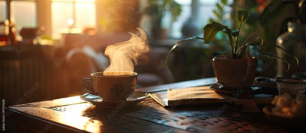Poster Steaming morning coffee creating a cozy vibe around a table with a charming copy space image
