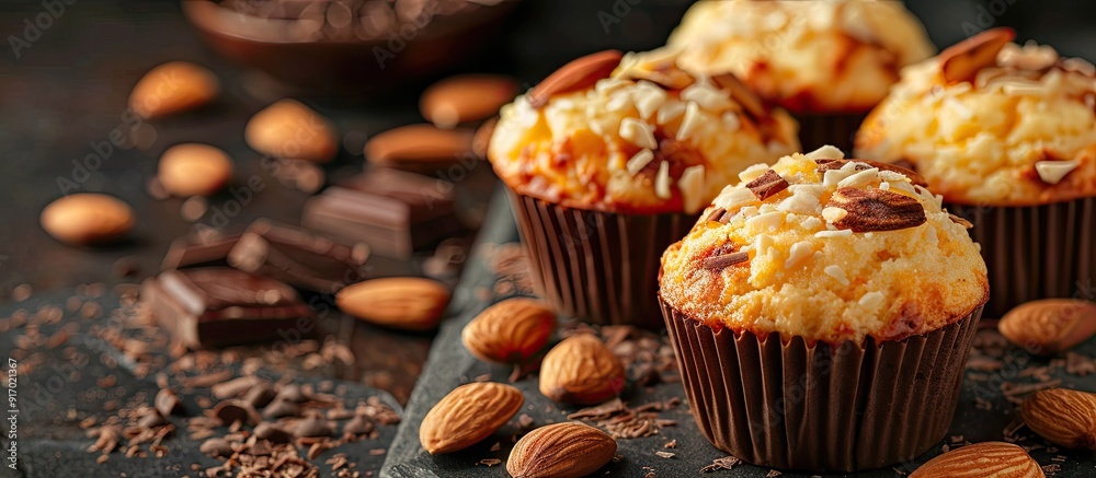 Poster Cheese muffins crafted from flour cheese eggs sugar and salt are adorned with a delightful topping of almonds and chocolate creating a delectable treat in a copy space image