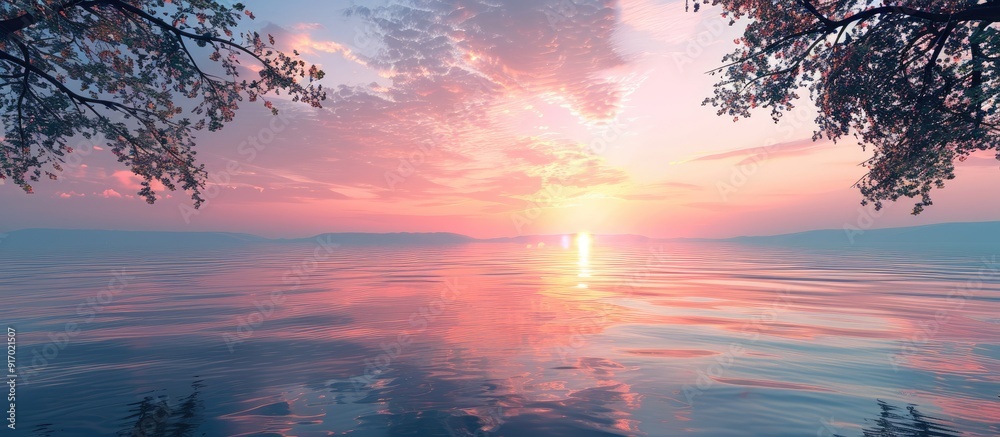 Poster a serene sunset reflecting in a lake creating a picturesque view for a copy space image
