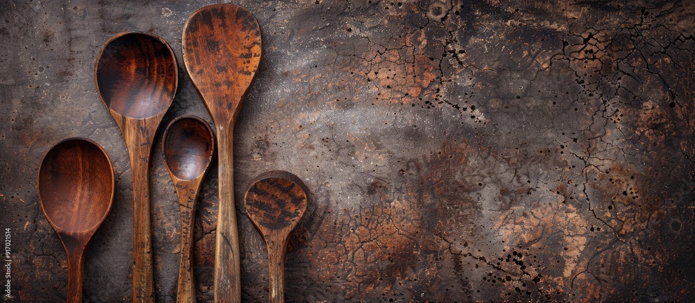 Poster wooden cooking utensils with wear and tear ready for restoration with a background of a blank copy s